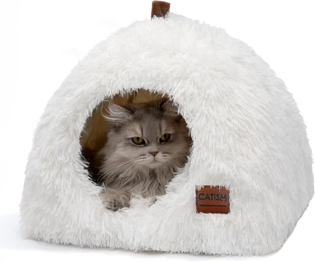 Thumbnail 6 de Igloo Cat and Dog Bed (Large Indoor Tent) – 2-in-1 Anti-slip Trundle with Carry Handle and Washable Cushion, Light Brown
