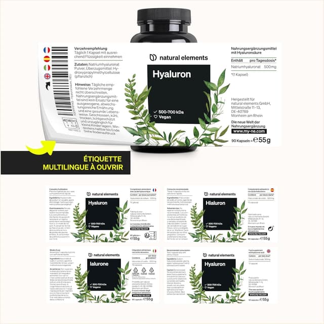 Detalle de Gélules Acide hyaluronique pur fortement dosées 500 mg (500–700 kDa) — 90 gélules, végane