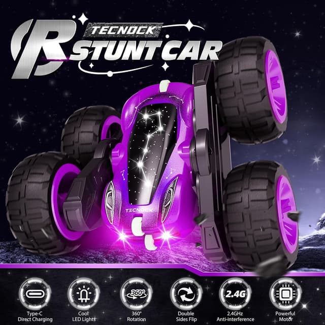 Detalle de Tecnock 2.4GHz RC Stunt Car for Kids (4WD, 360° Rotates & Flips) with USB-C Charging