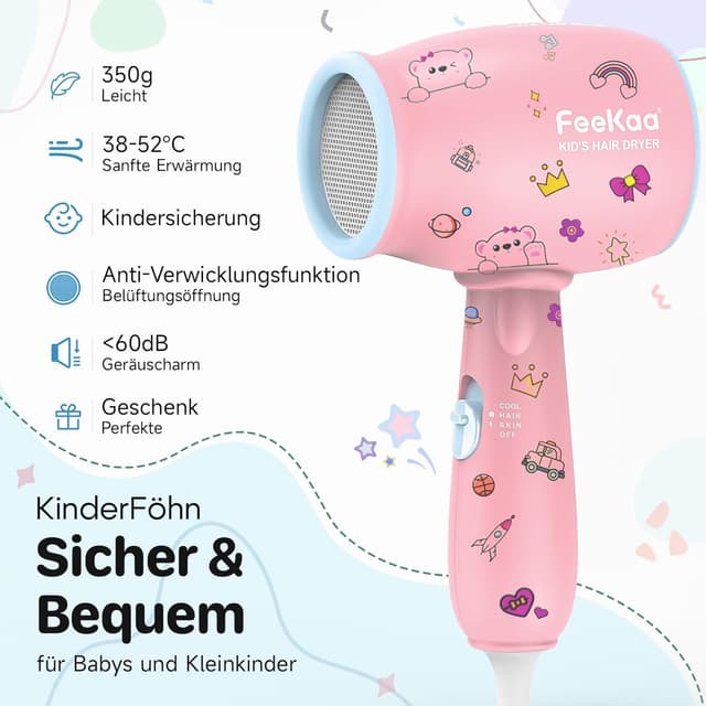 Detalle 2 de feekaa Kinderfön 550W MiniFöhn Rosa