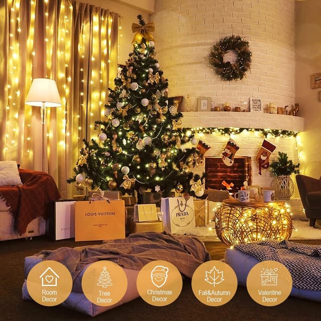 Detalle de Afaiup 200 LED Fairy Lights (82ft) Clear Wire – Warm White Twinkle Indoor/Outdoor Plug-In