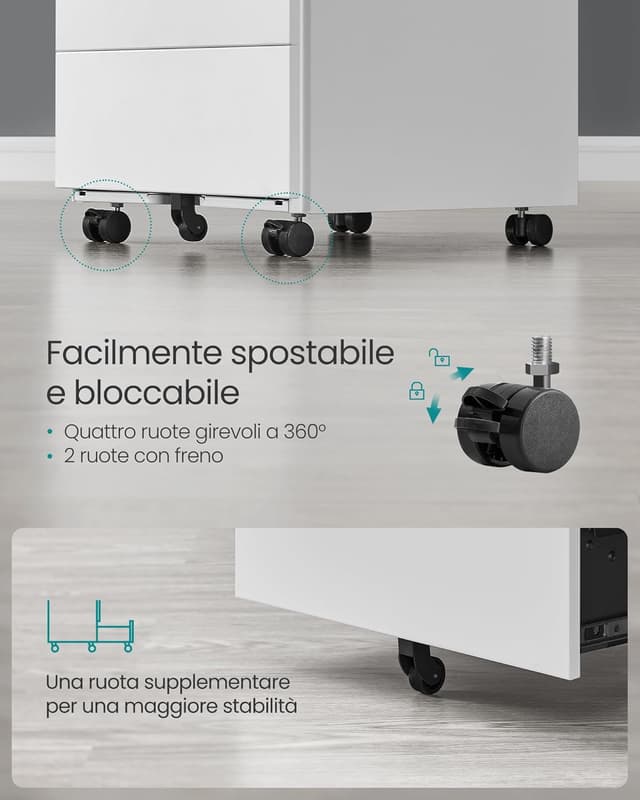 Detalle de SONGMICS Cassettiera da Ufficio per Scrivania Studio con 4 cassetti, ruote e chiusura OFC064W14 (45 x 39 x 69 cm) bianco opaco