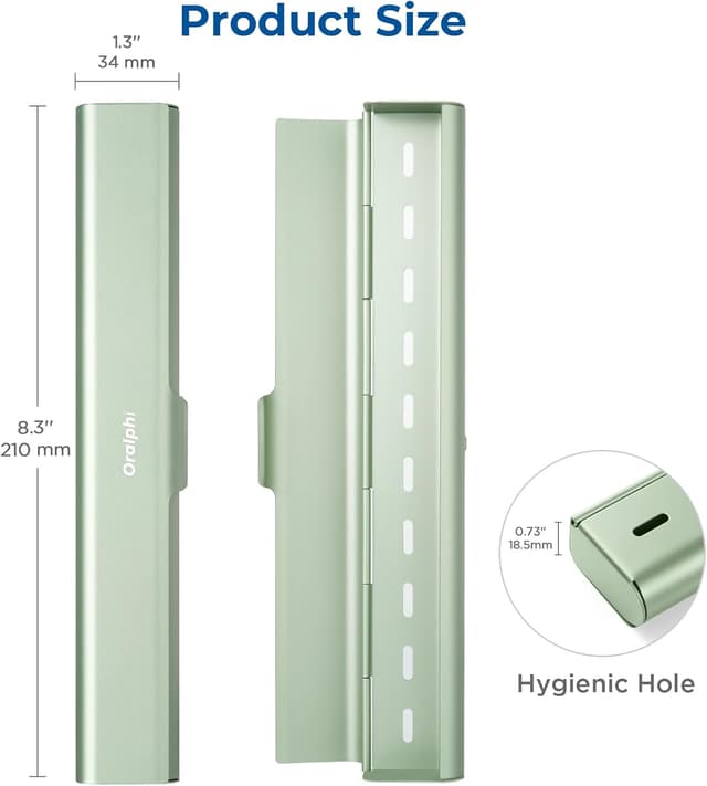 Detalle de Oralphi aluminium travel toothbrush case – manual toothbrush holder with drainage hole (green)