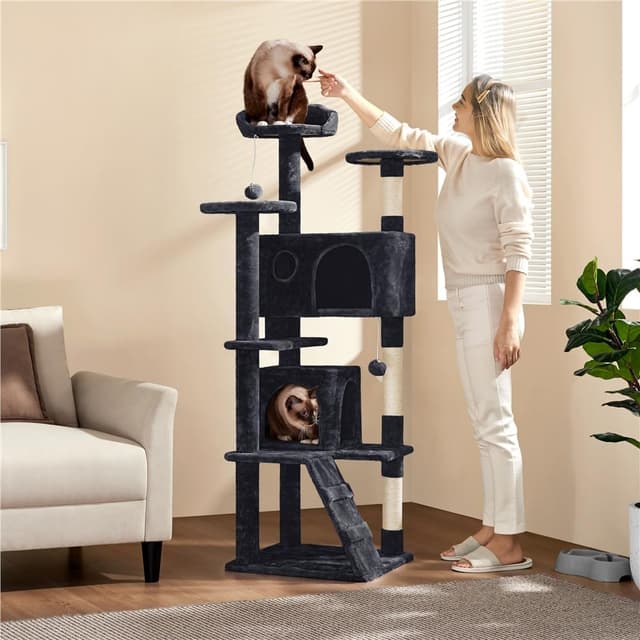 Detalle de Yaheetech albero tiragraffi per gatti da 158 cm con 3 pali graffiatoi, 3 posatoi e 2 grotte