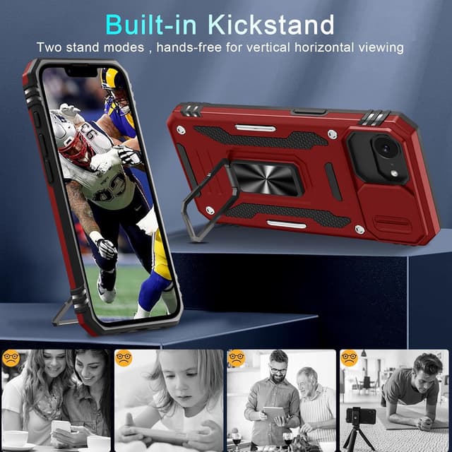 Detalle de DEERLAMN iPhone 17e / iPhone 16e 6.1-inch case with sliding camera cover, ring kickstand & shockproof protection (Red, 2-pack screen protectors)