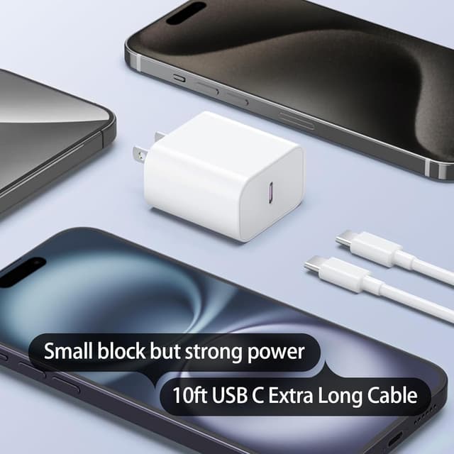 Detalle de 10ft USB-C Cable + 20W USB-C Wall Charger Set for iPhone 16/15 Pro Max, iPad & AirPods (Fast Charging) — White