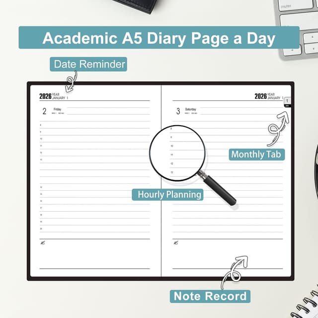 Detalle 2 de Mljtoyo Academic Diary 2026 (A5) – Day-Per-Page Hardcover Organiser, Jan–Dec 2026