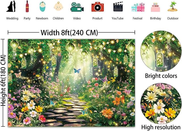 Detalle de Enchanted Forest Fairy Garden Photography Backdrop (8x6FT) – Vinyl photo background for spring party décor