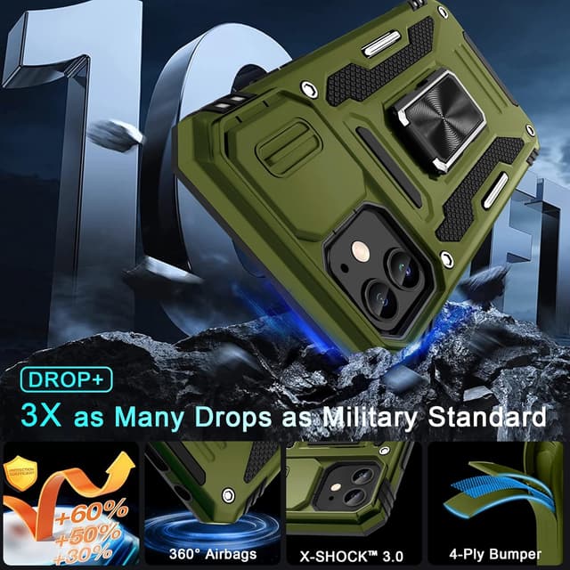 Detalle de DEERLAMN iPhone 11 Case with Sliding Camera Cover, Magnetic Ring Kickstand & Screen Protectors (Olive Green, 2-pack)