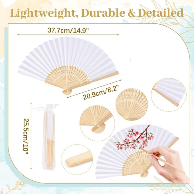 Detalle de iZoeL set da 12 ventagli pieghevoli bianchi con carta e manico in bambù