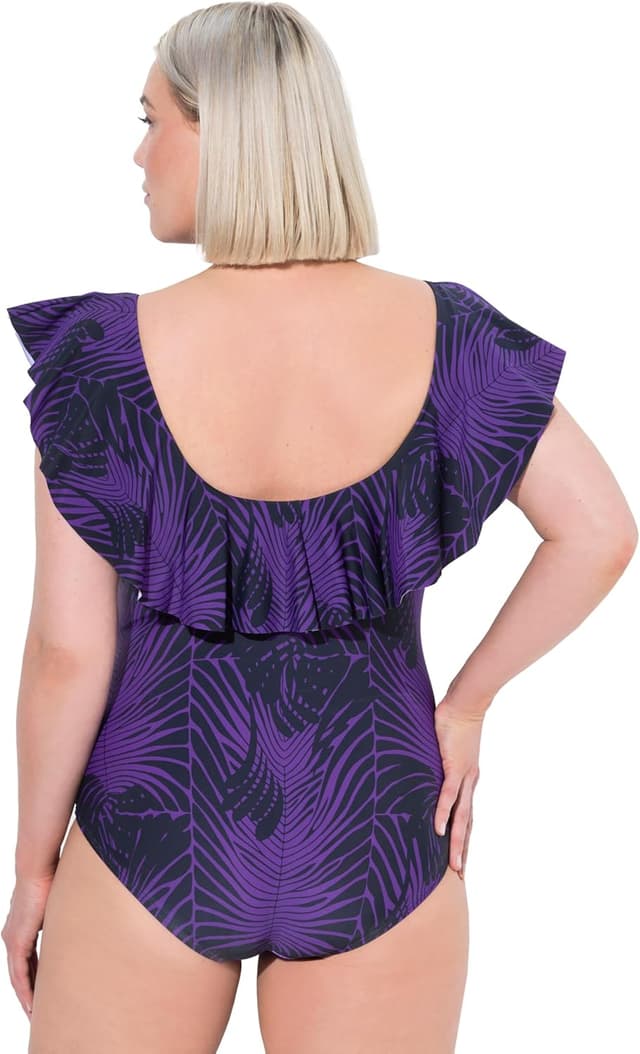 Detalle 2 de Ulla Popken Plus Size Badeanzug mit Schlangenmuster, Softcups und Volant