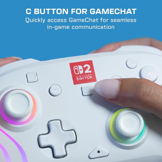 Detalle de Turtle Beach Afterglow Bianco Controller wireless RGB per Nintendo Switch 2 con levette TMR e pulsante C GameChat