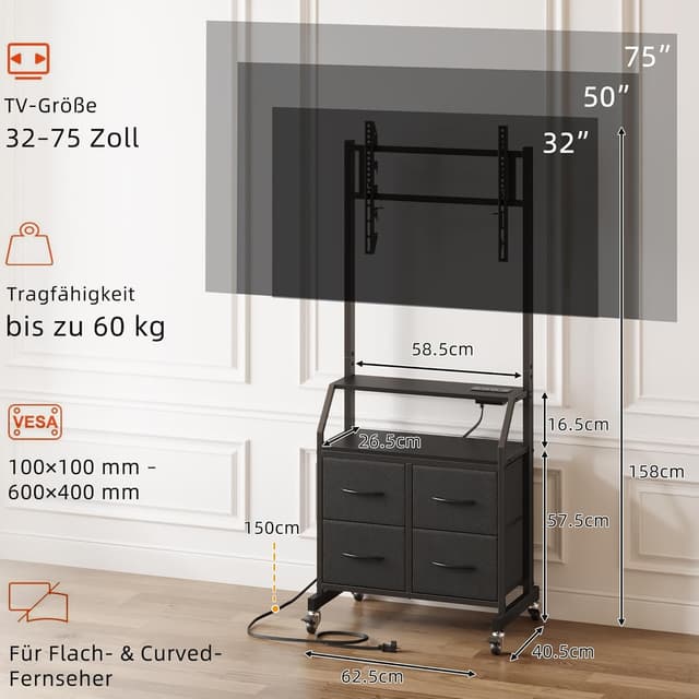 Detalle 2 de OYRREU TV-Ständer mit LED, Rollen, 4 Schubladen und höhenverstellbarer Halterung (bis 75 Zoll, 65 kg) – Schwarz