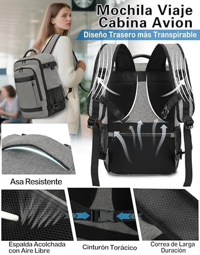 Detalle de KLOSTAIN Mochila de cabina para avión 40x20x25 cm (20L) gris melangé claro con compartimento para portátil
