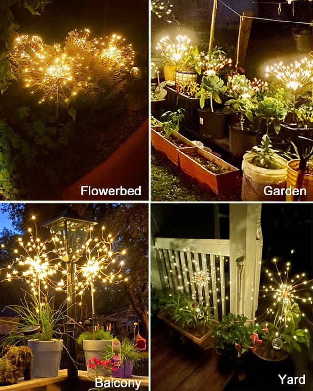 Detalle de Joysing Firework Solar Lights Outdoor Garden (2 Pack, 120 LED) – Warm White, Waterproof Starburst Path Lights with 8 Modes