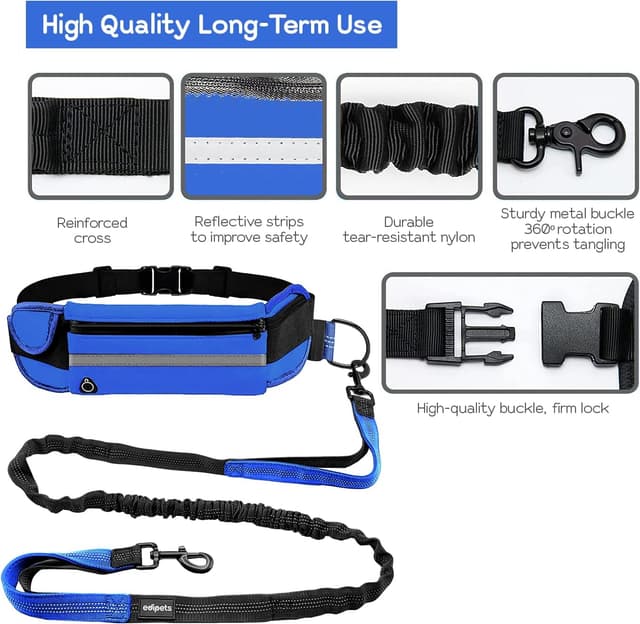 Detalle 2 de Edipets Joggingleine für Hunde freihändig (Laufen & Wandern) mit Gurtband, reflektierend, 160–220 cm – Blau