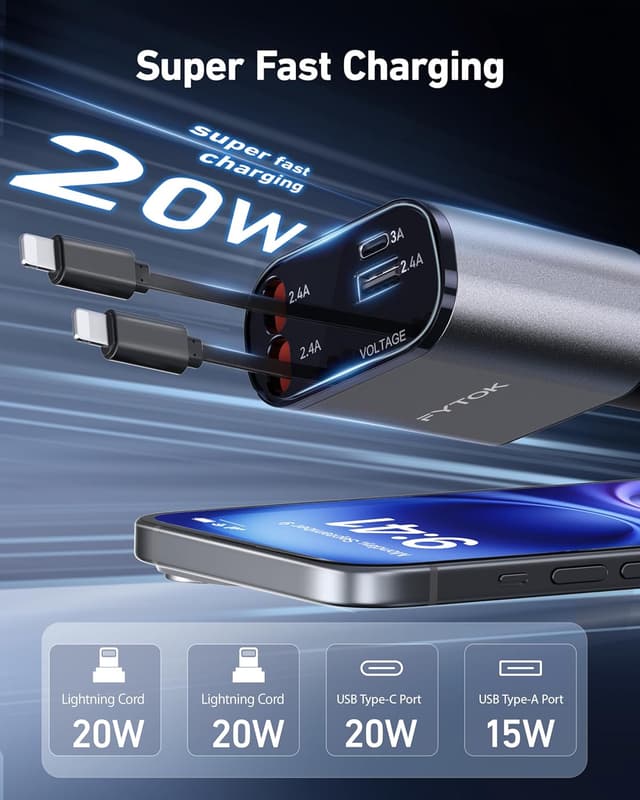 Detalle 2 de Retractable Car Phone Charger 4-in-1 20W USB 12V Car Adapter with 2 Retractable Cables