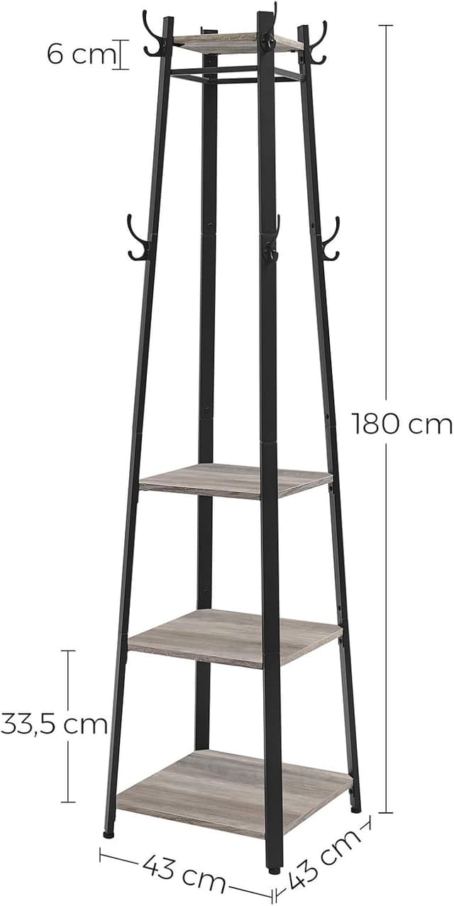 Detalle de VASAGLE Appendiabiti da terra LCR080B02 con 4 ripiani, ganci e base stabile Greige Melange e Nero Inchiostro