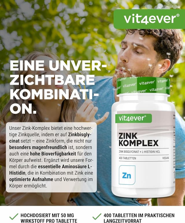 Detalle de Zink 25 mg (Albion Zinkbisglycinat) + L-Histidin – 400 Tabletten Premium