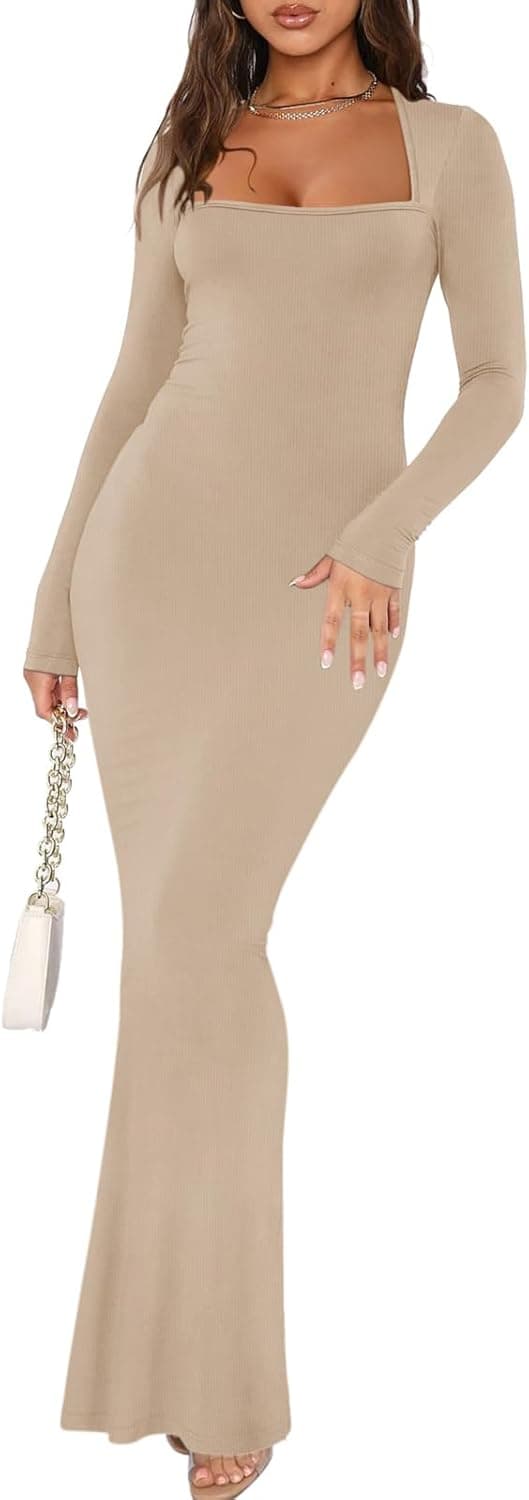 Detalle de REORIA Damen Maxikleid mit quadratischem Ausschnitt und langen Ärmeln – figurbetont lässig gerippt