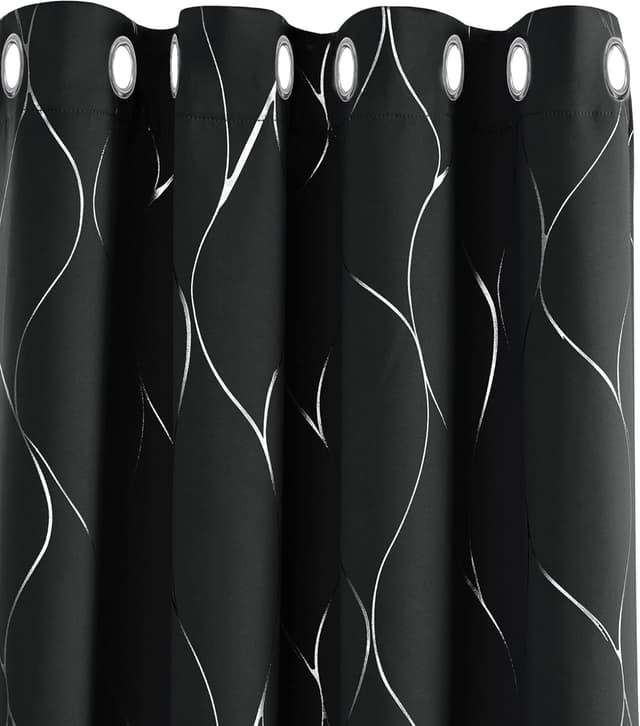 Detalle de Deconovo Blackout Thermal Eyelet Curtains (Silver Wave Foil Print), 2 Panels – 66 x 90 Inch, Black