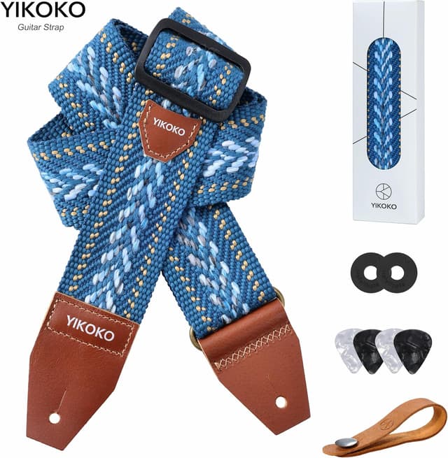 Thumbnail 6 de YIKOKO Gitarrengurt 5,1 cm aus Baumwolle mit Vollnarbenlederenden – für Bass, E‑Gitarre und Akustik