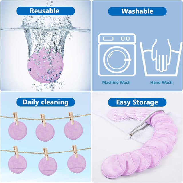 Detalle 2 de KinHwa Waschbare Abschminkpads (12er-Set) aus Mikrofaser mit Schlaufe – Abschminken nur mit Wasser