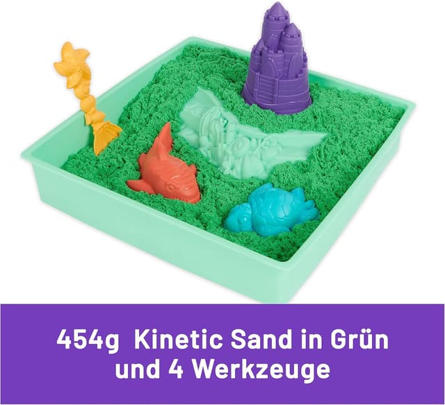 Detalle de Kinetic Sand Sandbox Set Grün mit 454 g Sand aus Schweden – 1 Sandkasten, 3 Förmchen und Schaufel für Indoor-Sandspiel ab 3 Jahren