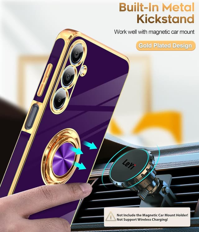 Detalle de LeYi Galaxy A16 5G Case (2-Pack) with Tempered Glass Screen Protectors and 360° Magnetic Ring Stand in Rose Gold Edge, Deep Purple