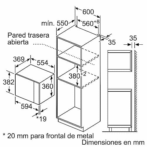 Detalle 2 de Balay microondas encastrable sin marco de 38 cm e 25 l con grill, Aqualisis y apertura lateral izquierda (cristal blanco)