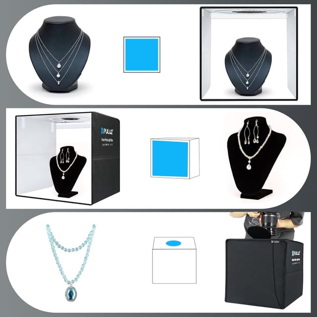 Detalle de PULUZ Fotobox Tent Kit (50 cm) mit dimmbaren 3 Farbtemperaturen, 200 LEDs und USB‑PD – 12 Foto-Hintergründe