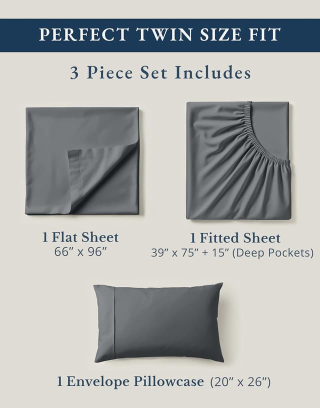 Detalle 2 de Lane Linen 100% Organic Cotton Twin Size 3-Piece Bed Sheets Set (Charcoal, Classic Percale)