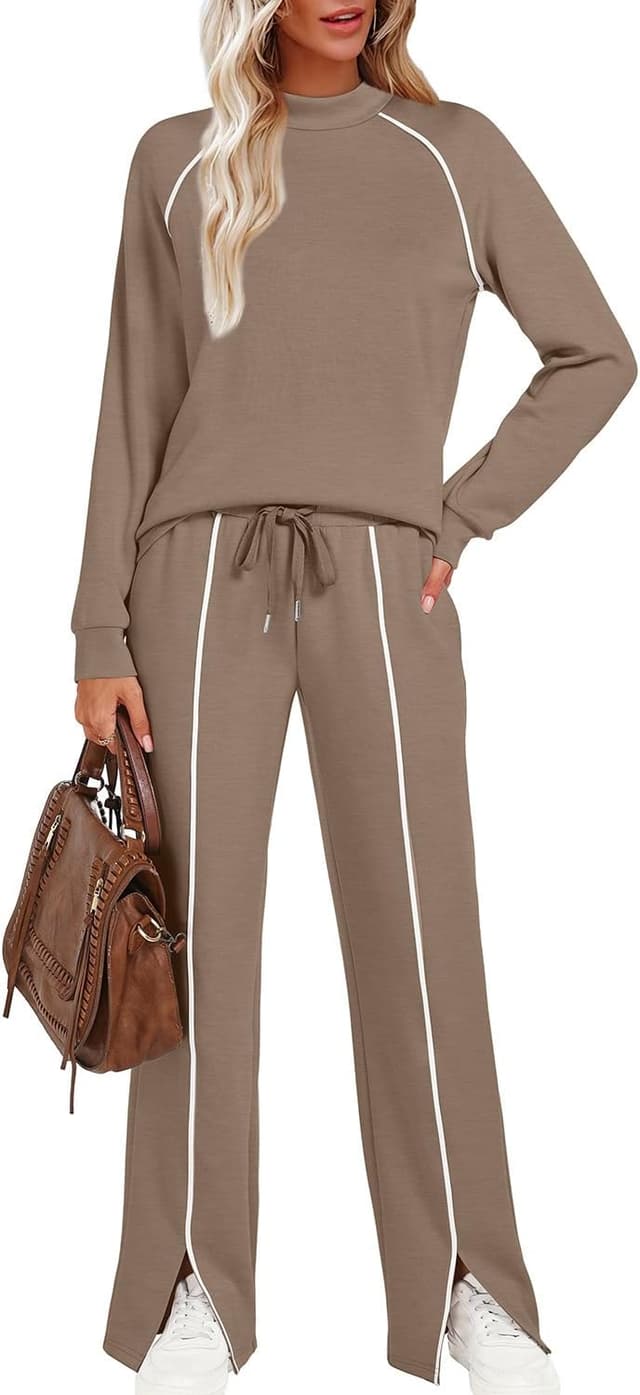 Detalle de WIHOLL Women’s 2-Piece Lounge Set (Mock Neck + Wide-Leg Pants) for Fall