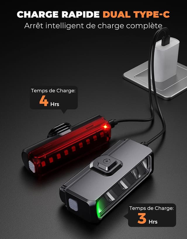 Thumbnail 4 de EOIWUY Lumière de vélo avant et arrière 1500 lm, 4+5 modes USB Type-C étanche IP65