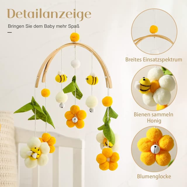 Detalle de let's make Mobile Baby Holz + Wollknäuel: Windspiel & Rassel für den Wickeltisch / Kinderzimmer (Biene)