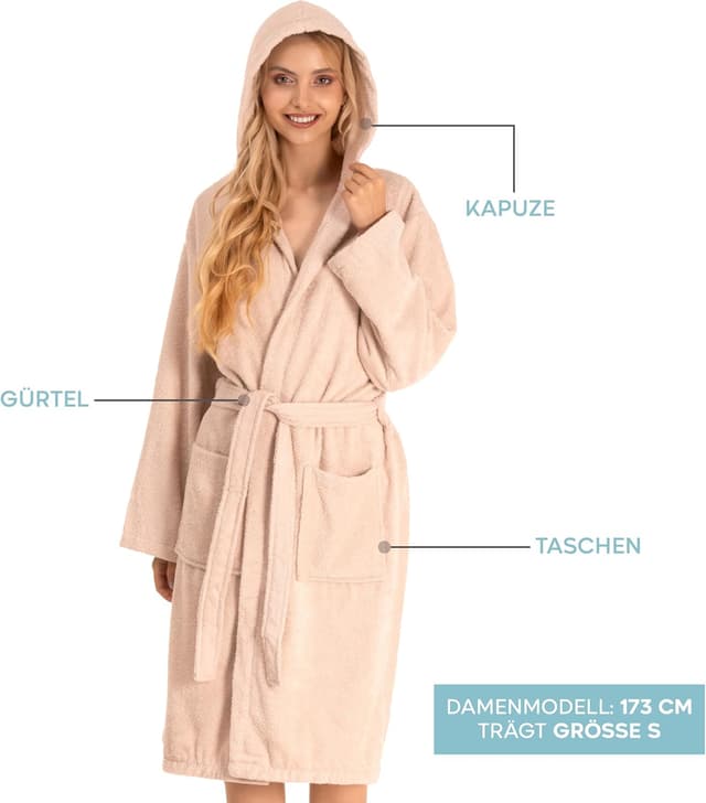 Detalle de Twinzen Bademantel Damen aus 100% Baumwolle (OEKO-TEX®), mit Kapuze, 2 Taschen und Gürtel