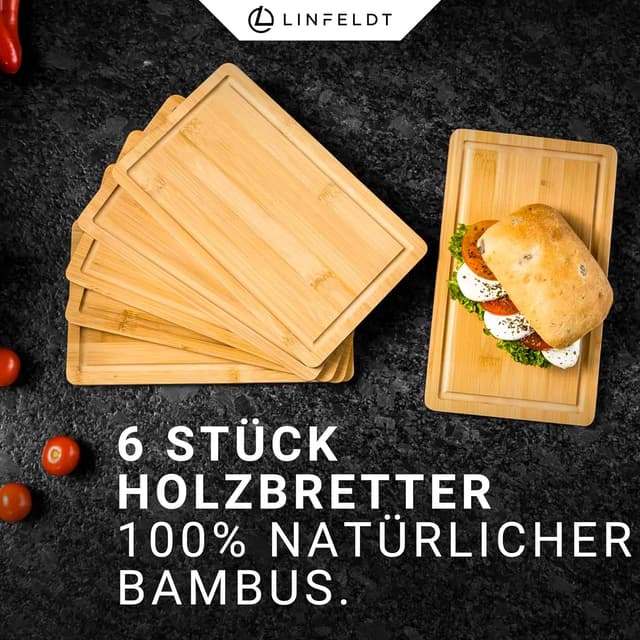 Detalle 2 de LINFELDT 6er-Set Bambus-Frühstücksbrettchen mit Saftrille (27 x 16 x 1 cm)
