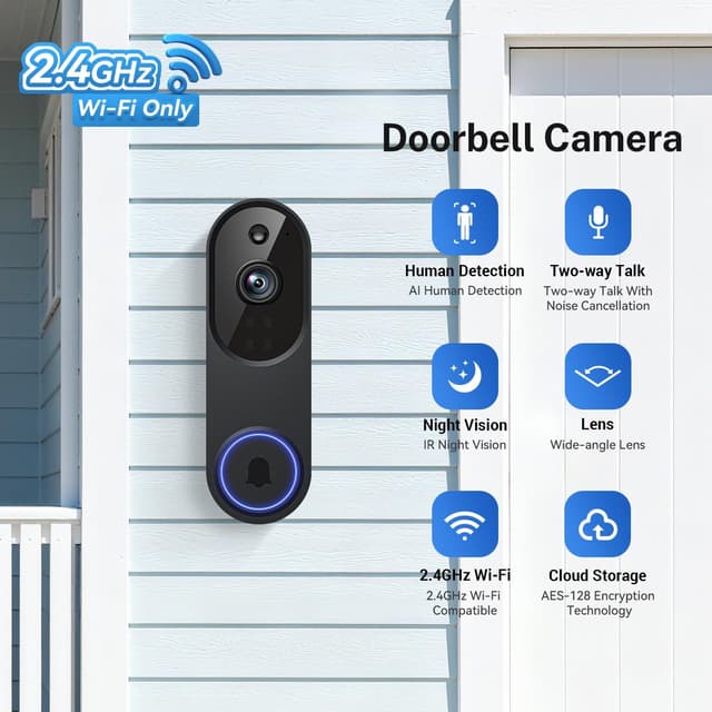 Detalle de ClipBlur Wireless Wi‑Fi Video Doorbell Camera (2.4G Wi‑Fi) with Night Vision, Two‑Way Audio & AI Motion Detection