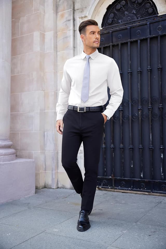 Detalle 2 de COOFANDY Chemise homme unie à manches longues extensible, col Kent et poche poitrine