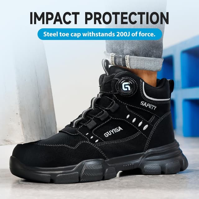 Detalle de GUSAYEX men’s lightweight steel toe cap safety boots with puncture-resistant midsole and quick swivel buckle lacing