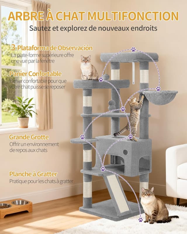 Detalle 2 de Hzuaneri Arbre à chat 153 cm gris clair MS15418LGV1 : spacieux, stable et pensé pour griffer