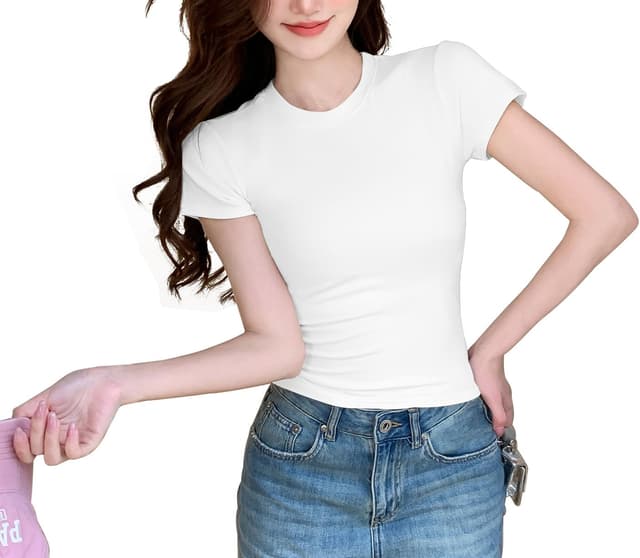 Detalle de JEROZIYANT women’s basic short-sleeve slim-fit cropped T-shirt (round neck, solid colour)