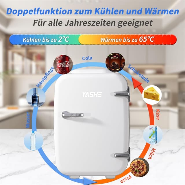 Detalle de YASHE Mini Kühlschrank (4 Liter) für Kosmetik & Getränke – 220V AC / 12V DC, warm/kalt, leise