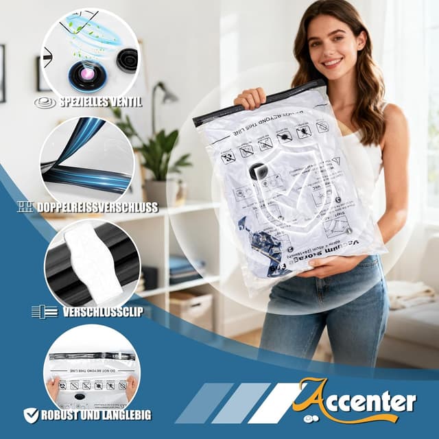 Detalle de Accenter Vakuumbeutel für Kleidung mit elektrischer Pumpe (Set mit 10 Teilen, 3 Größen)