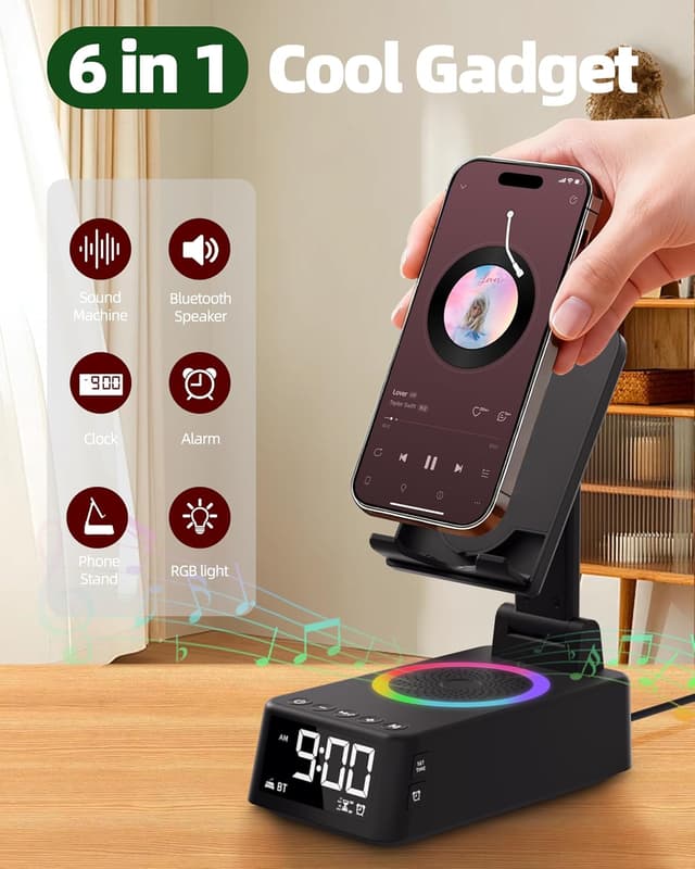 Detalle de Caulikine 6-in-1 Alarm Clock with Bluetooth Speaker, Phone Stand, White Noise & Ambient Light