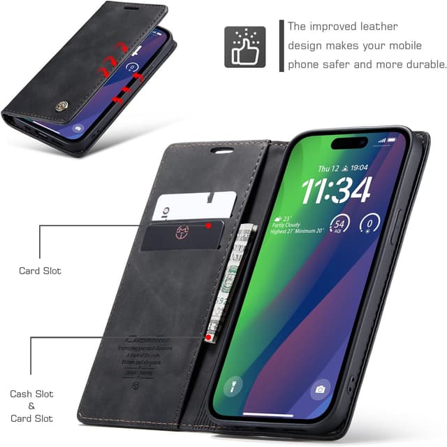 Detalle 2 de Cracedily iPhone 15 Wallet Case with Flip Leather Cover, Card Slots & Magnetic Closure (Black)