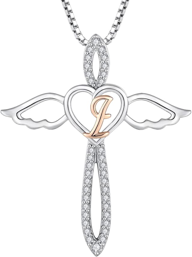 Detalle de FJ Initialen-Kette „Buchstabe K“ mit Schutzengel-Anhänger aus 925 Sterling Silber und Zirkonia