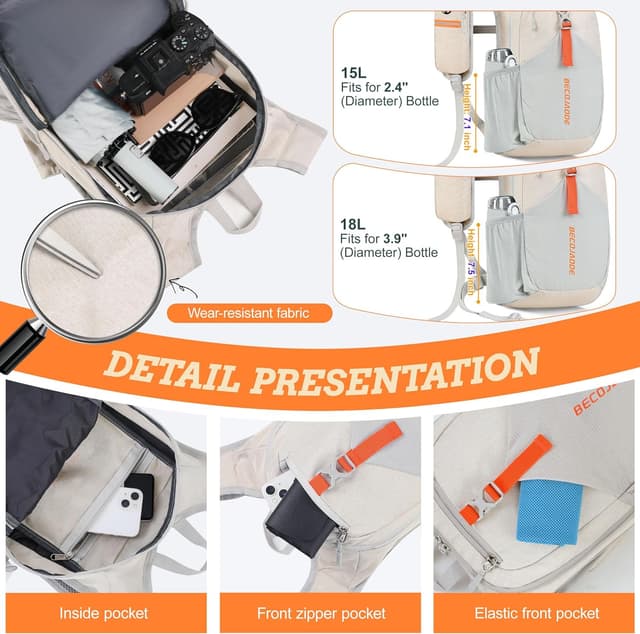 Detalle de BECOJADDE 18L Hiking Backpack in Beige – foldable mini daypack with phone pocket and adjustable chest strap