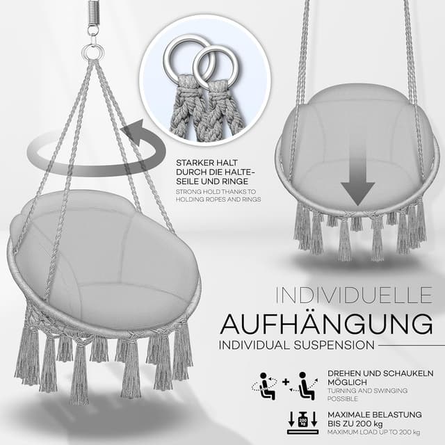 Detalle de tillvex Hängesessel mit großem Kissen bis 200 kg, wetterfester Hängekorb