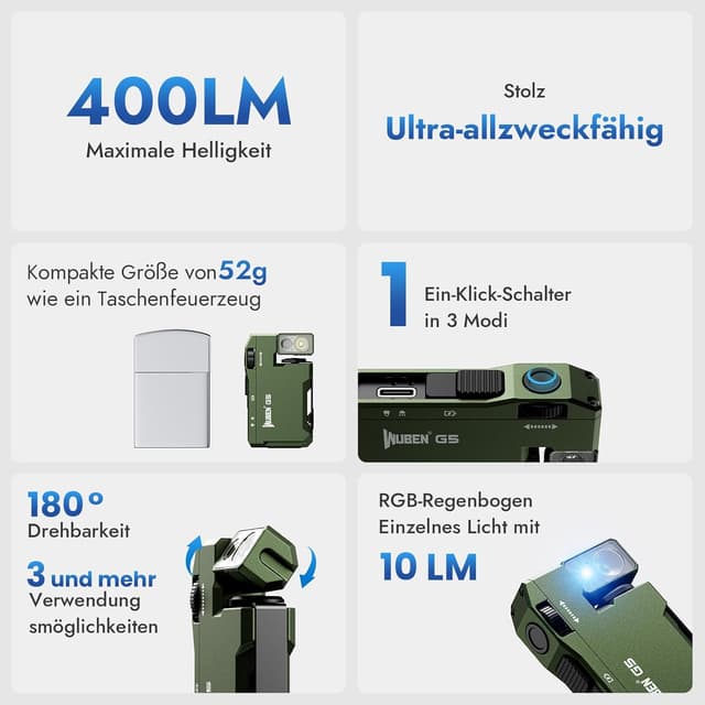 Detalle 2 de WUBEN G5 Mini Taschenlampe 400 Lumen 🔦